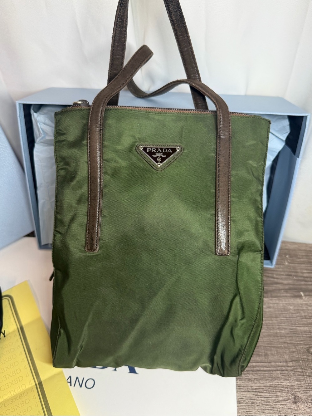 Prada Olive Green Nylon Backpack with Brown Leather Trim